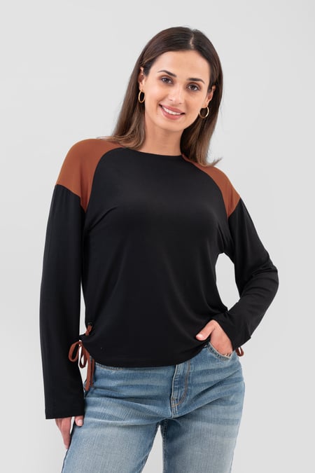 Womens Brown Colour Block Raglan Sleeve Tops