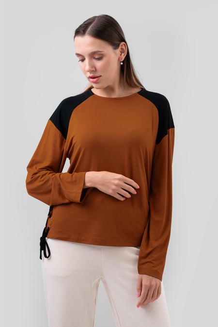 Womens Brown Colour Block Raglan Sleeve Tops
