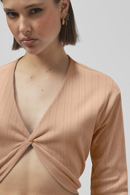 Brown Twisted Front Pin Tuck Jersey Cropped Top