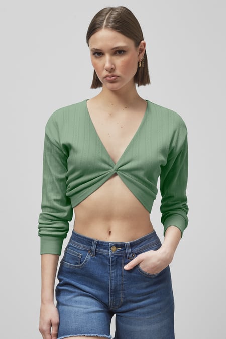 White Twisted Front Pin Tuck Jersey Cropped Top