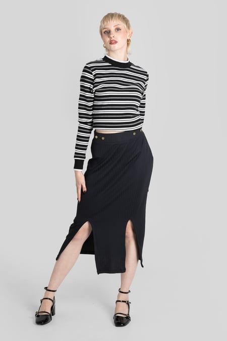 Black Striped Ribbed Long Sleeve High Neck Jersey Top