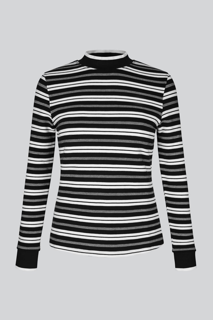 Striped Ribbed Long Sleeve High Neck Jersey Top