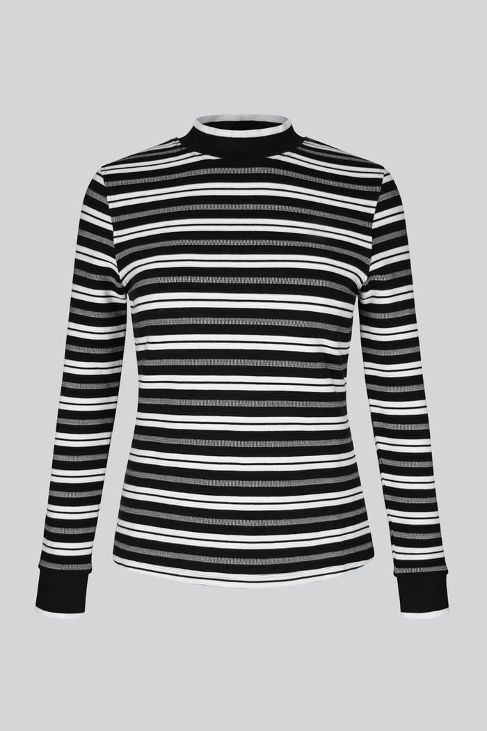Striped Ribbed Long Sleeve High Neck Jersey Top