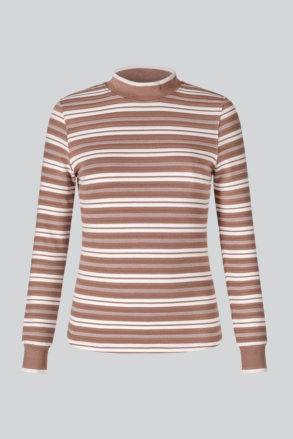 Brown Striped Ribbed Long Sleeve High Neck Jersey Top