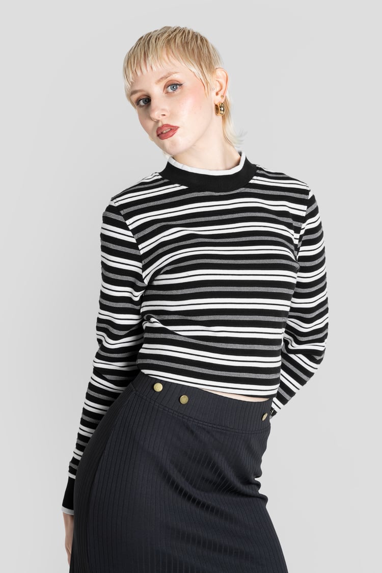 Striped Ribbed Long Sleeve High Neck Jersey Top
