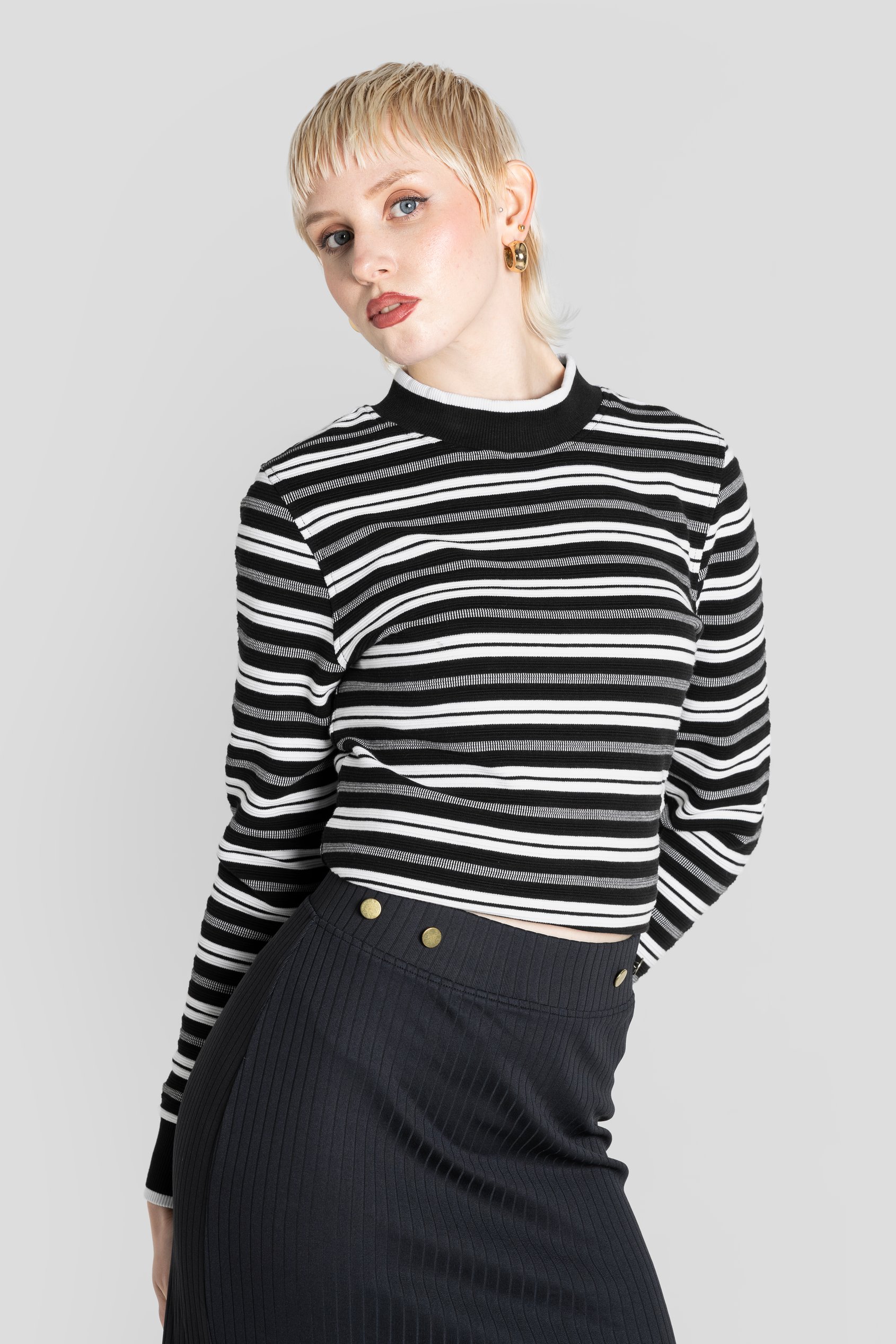 Striped Ribbed Long Sleeve High Neck Jersey Top