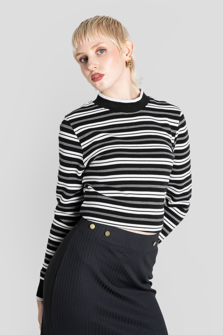 Striped Ribbed Long Sleeve High Neck Jersey Top