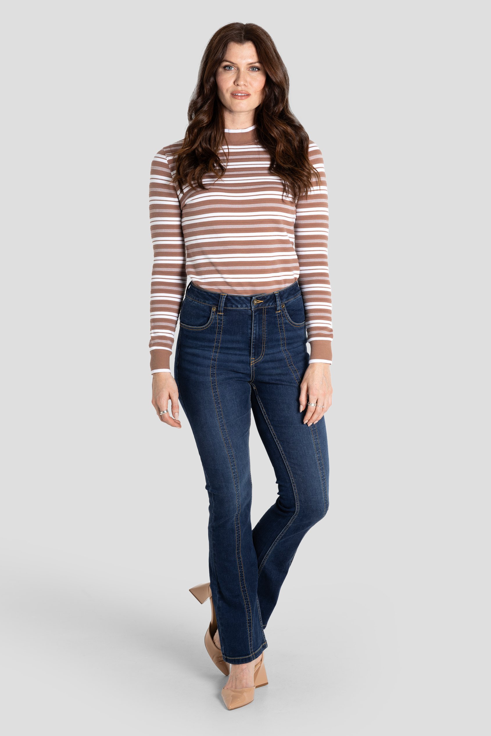 Striped Ribbed Long Sleeve High Neck Jersey Top