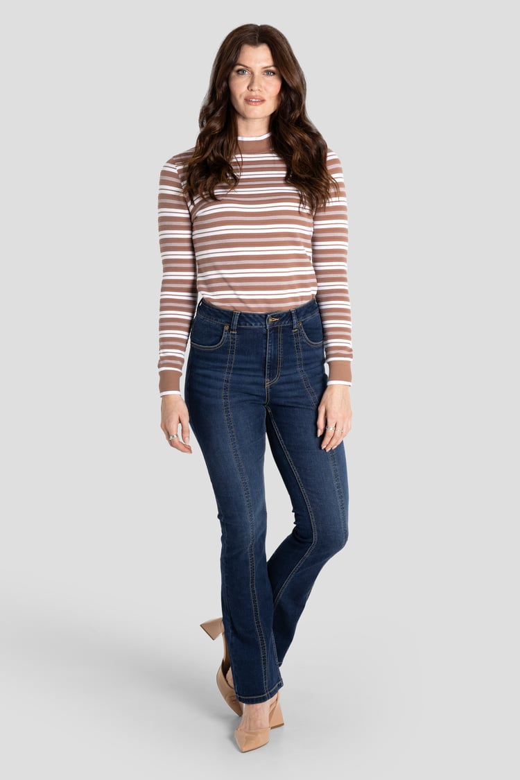 Striped Ribbed Long Sleeve High Neck Jersey Top
