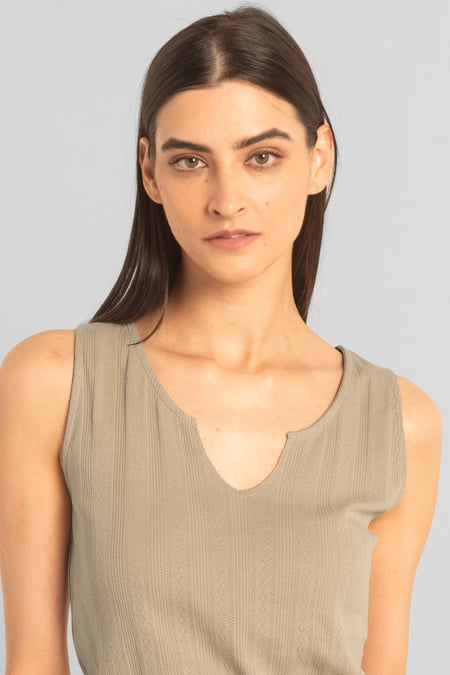 Khaki Textured Sleeveless V-neck Tank Top