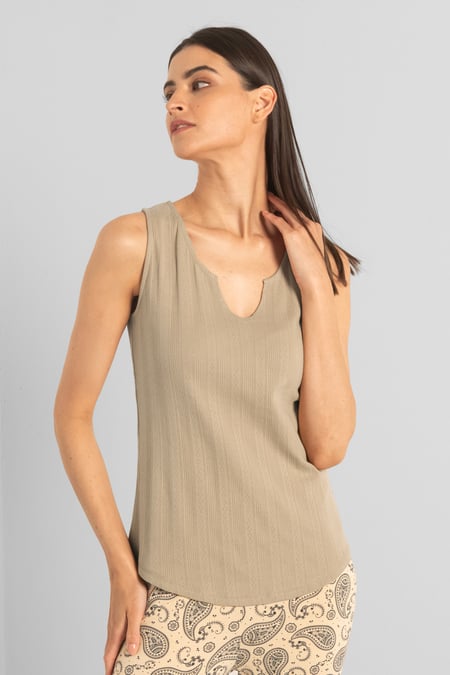 Khaki Textured Sleeveless V-neck Tank Top