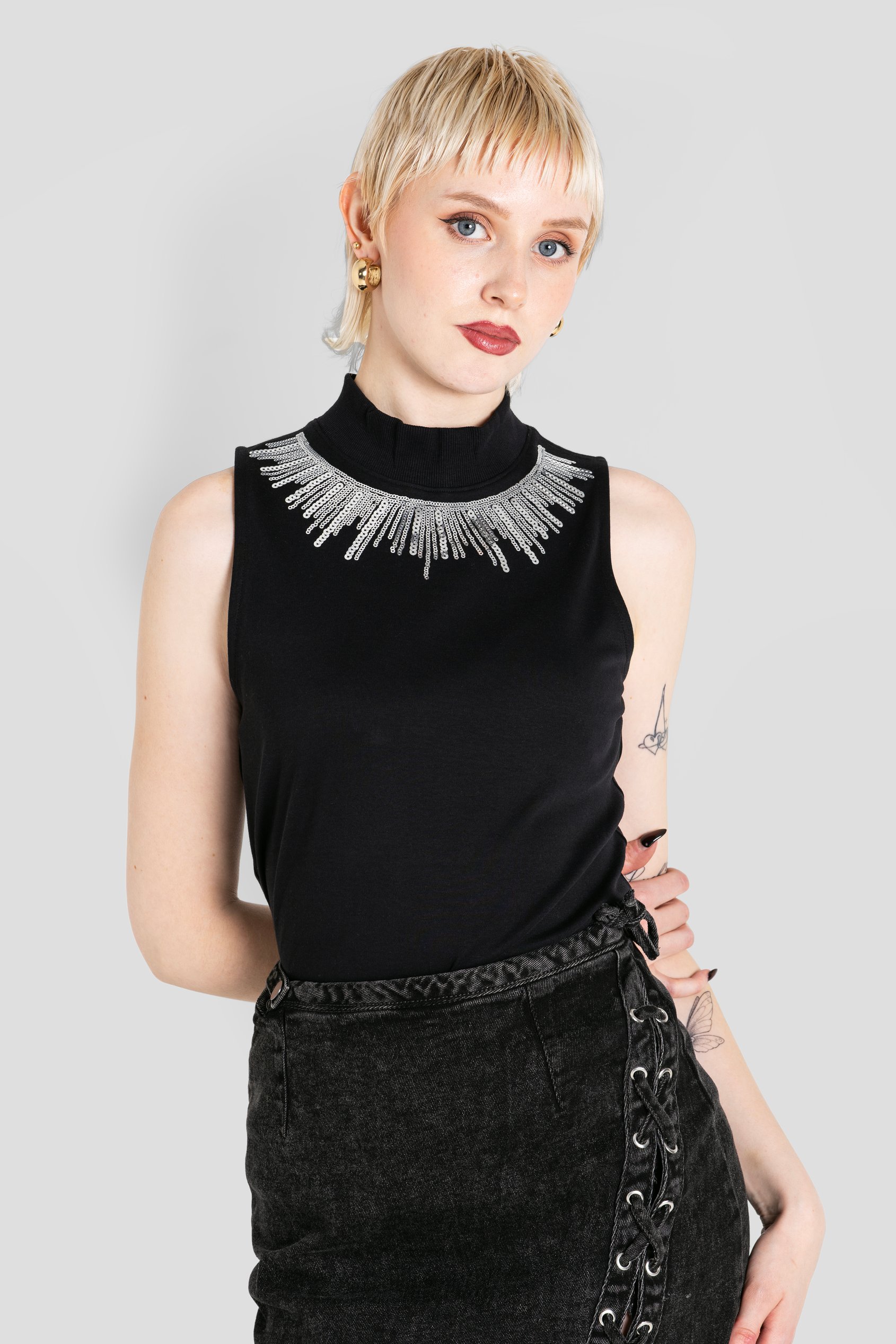 Silver Sequin High Neck Sleeveless Top