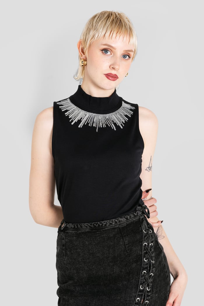 Silver Sequin High Neck Sleeveless Top