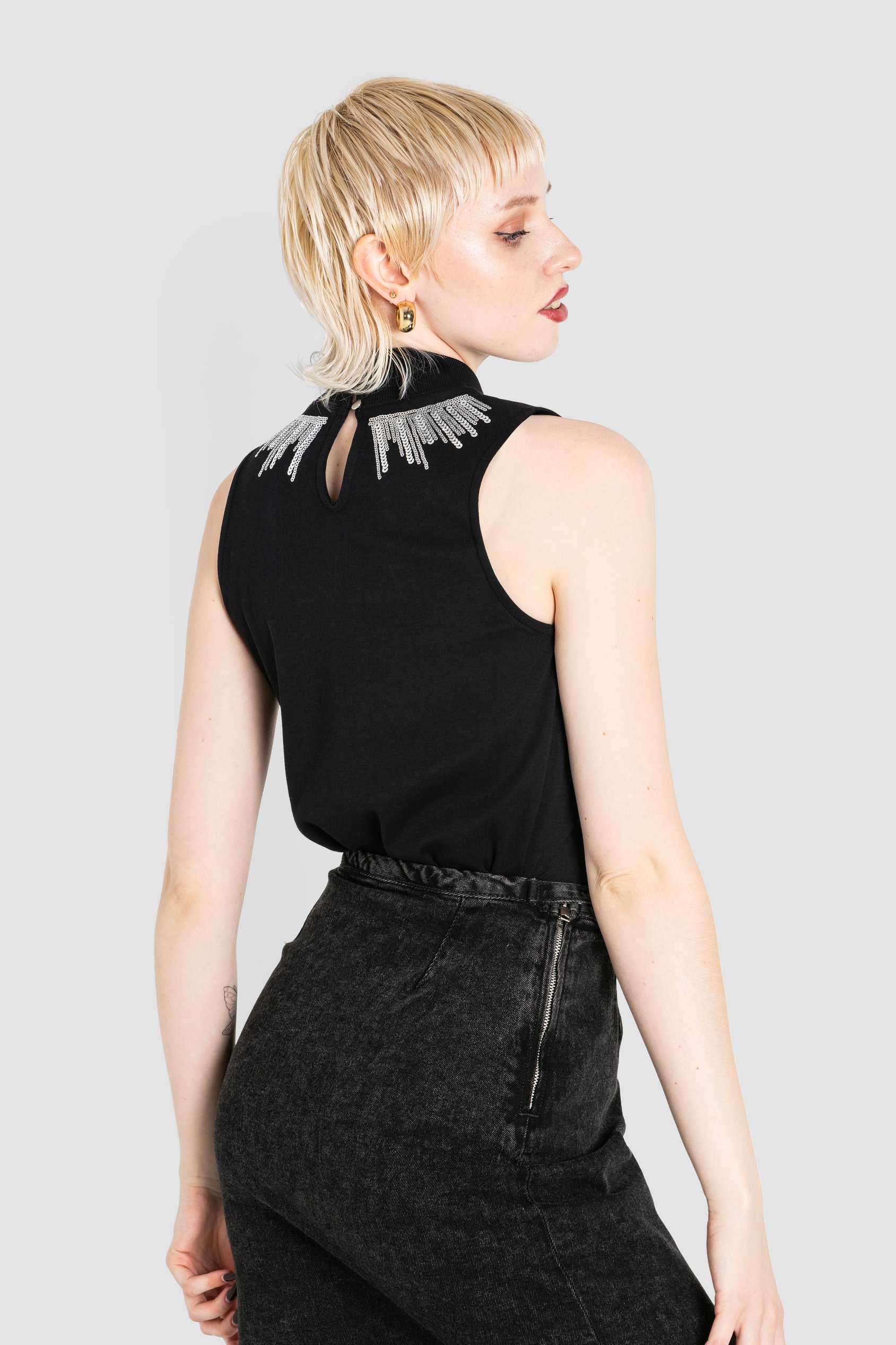 Silver Sequin High Neck Sleeveless Top