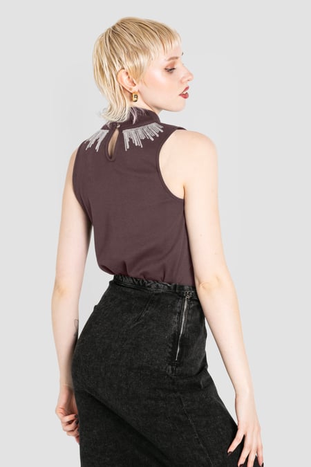 Brown Silver Sequin High Neck Sleeveless Top