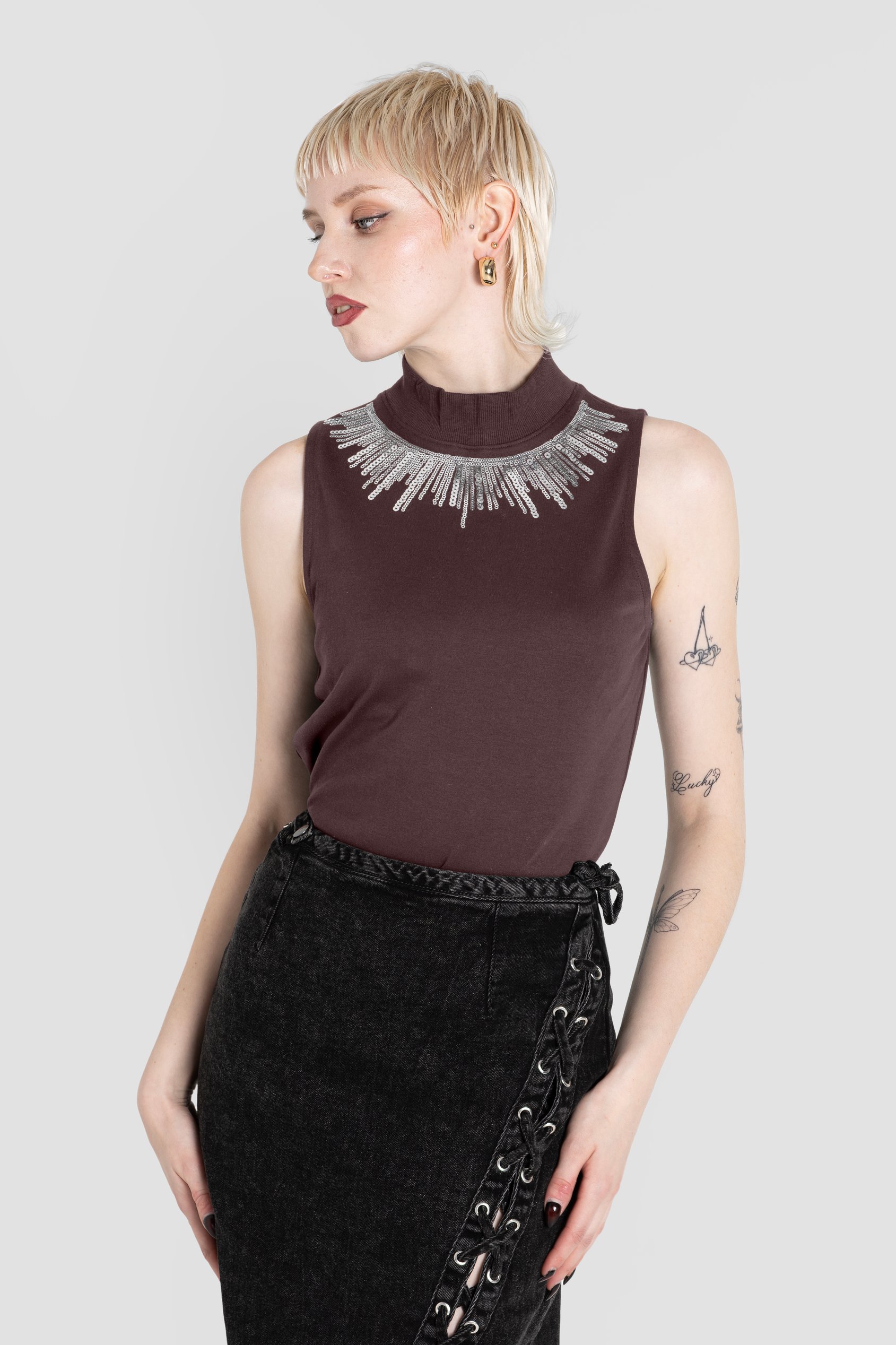 Silver Sequin High Neck Sleeveless Top