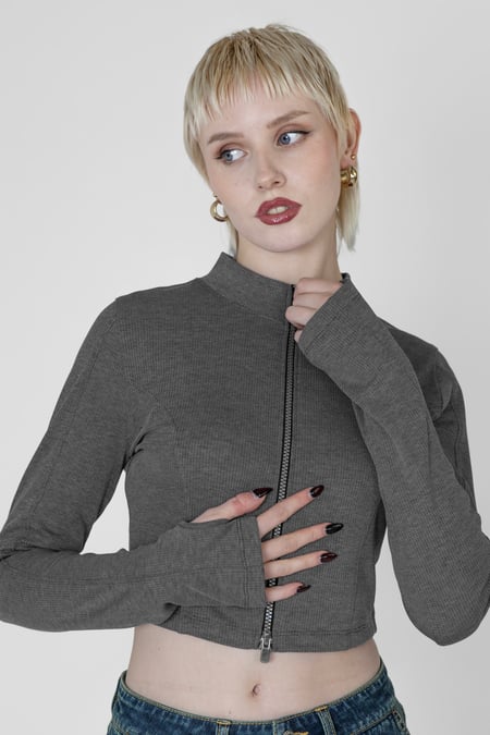 Grey Design Jersey Long Sleeve Crop Zip Top