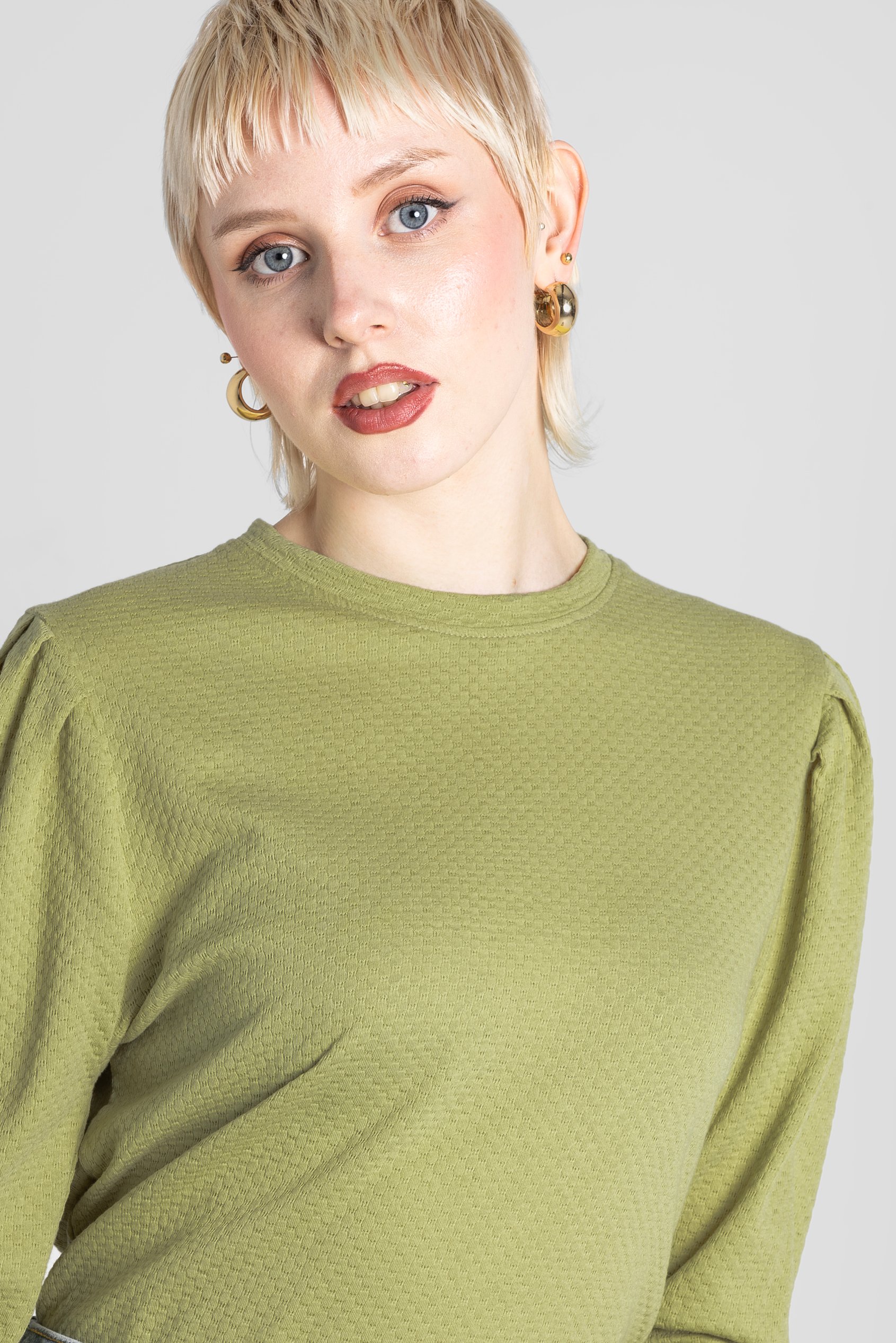 Long Sleeve Crew Neck Jersey Top With Puff Sleeve