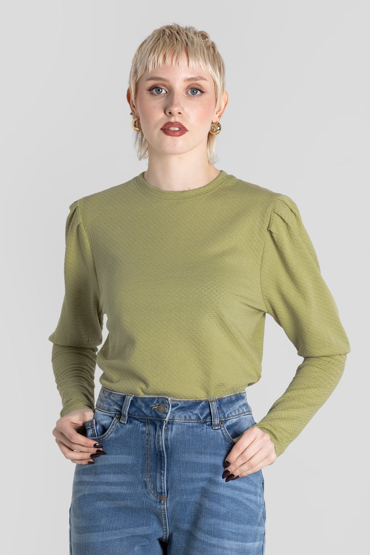 Long Sleeve Crew Neck Jersey Top With Puff Sleeve