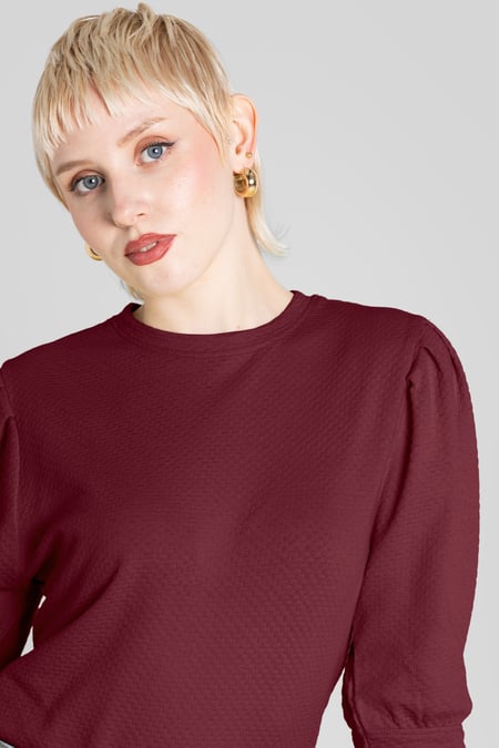 Maroon Long Sleeve Crew Neck Jersey Top With Puff Sleeve