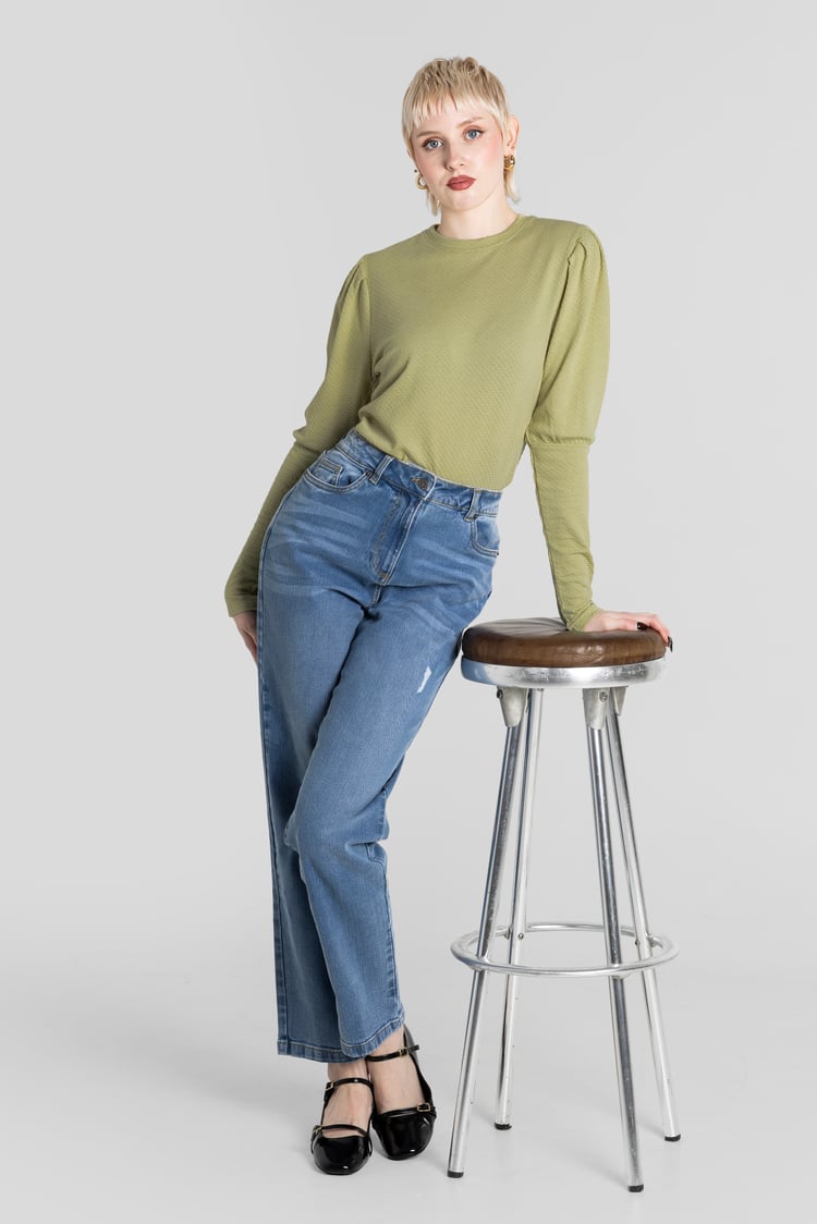 Long Sleeve Crew Neck Jersey Top With Puff Sleeve