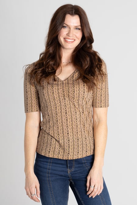 Brown Short Sleeve Shimmer Printed Viscose Top