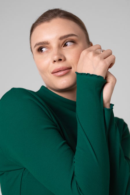 Womens Green High Neck Ribbed Top