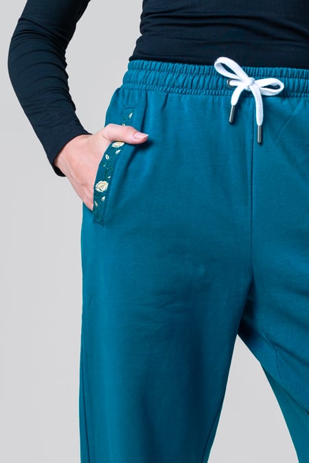 Blue Stretchy Embroidery Design Details Trousers