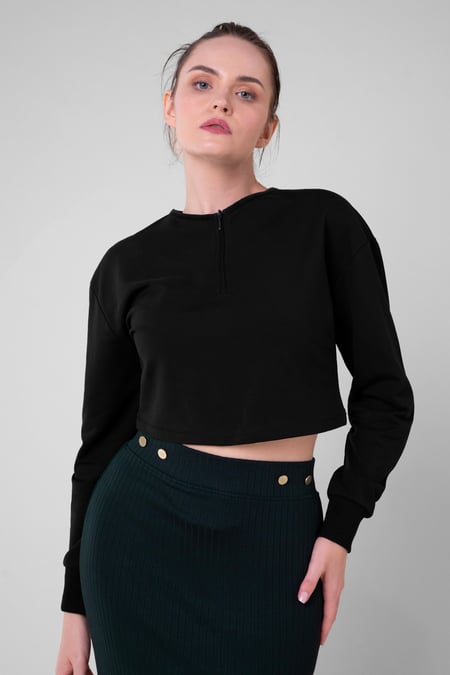 Womens Black Drop Shoulder Zip Through Top