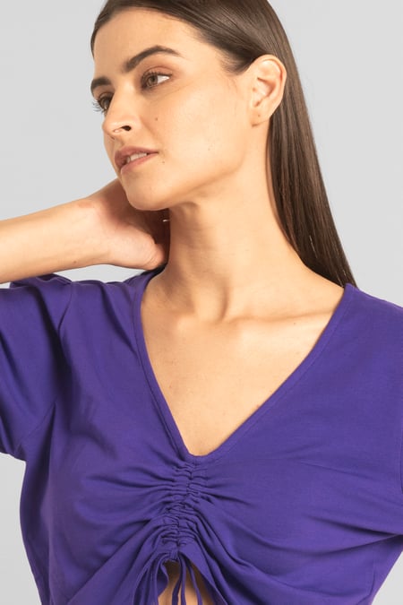 Womens Purple Ruched Long Sleeve Crop Top