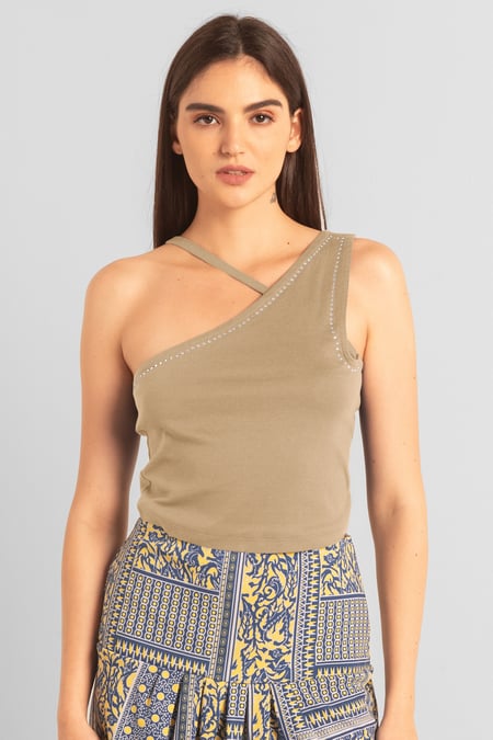 Cream Solid ​Knitted Asymmetrical Tank Top