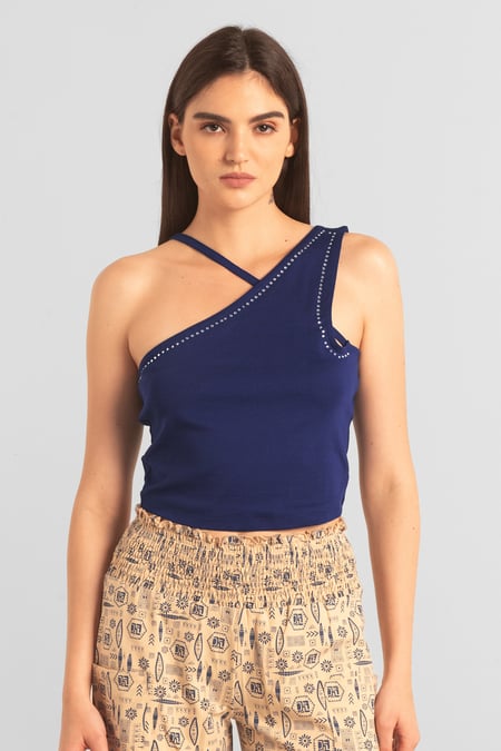 Cream Solid ​Knitted Asymmetrical Tank Top