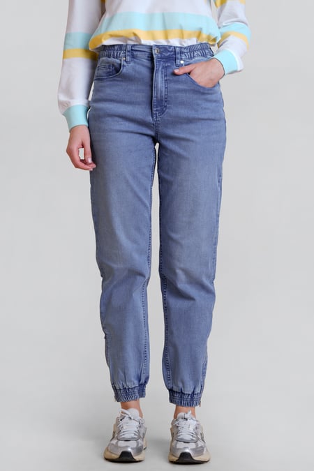 Women’s Mid Blue Zip-Cuff Denim Jogger Pants