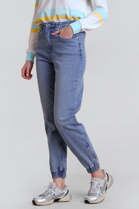 Women’s Mid Blue Zip-Cuff Denim Jogger Pants