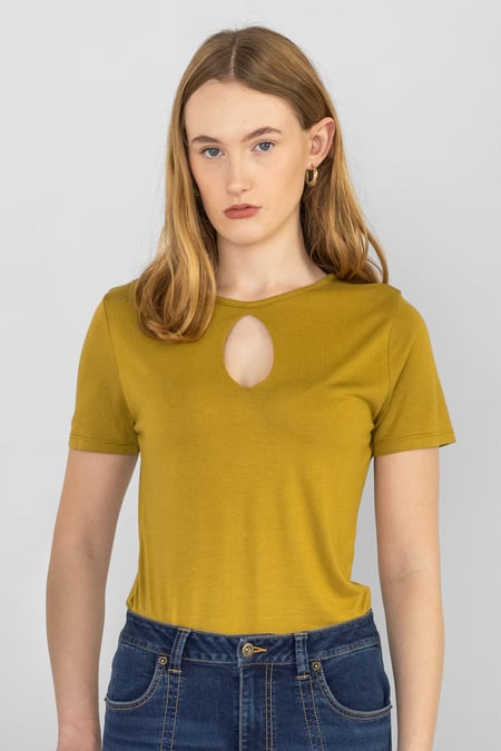 Green Key Hole Detail Short Sleeve Viscose Top