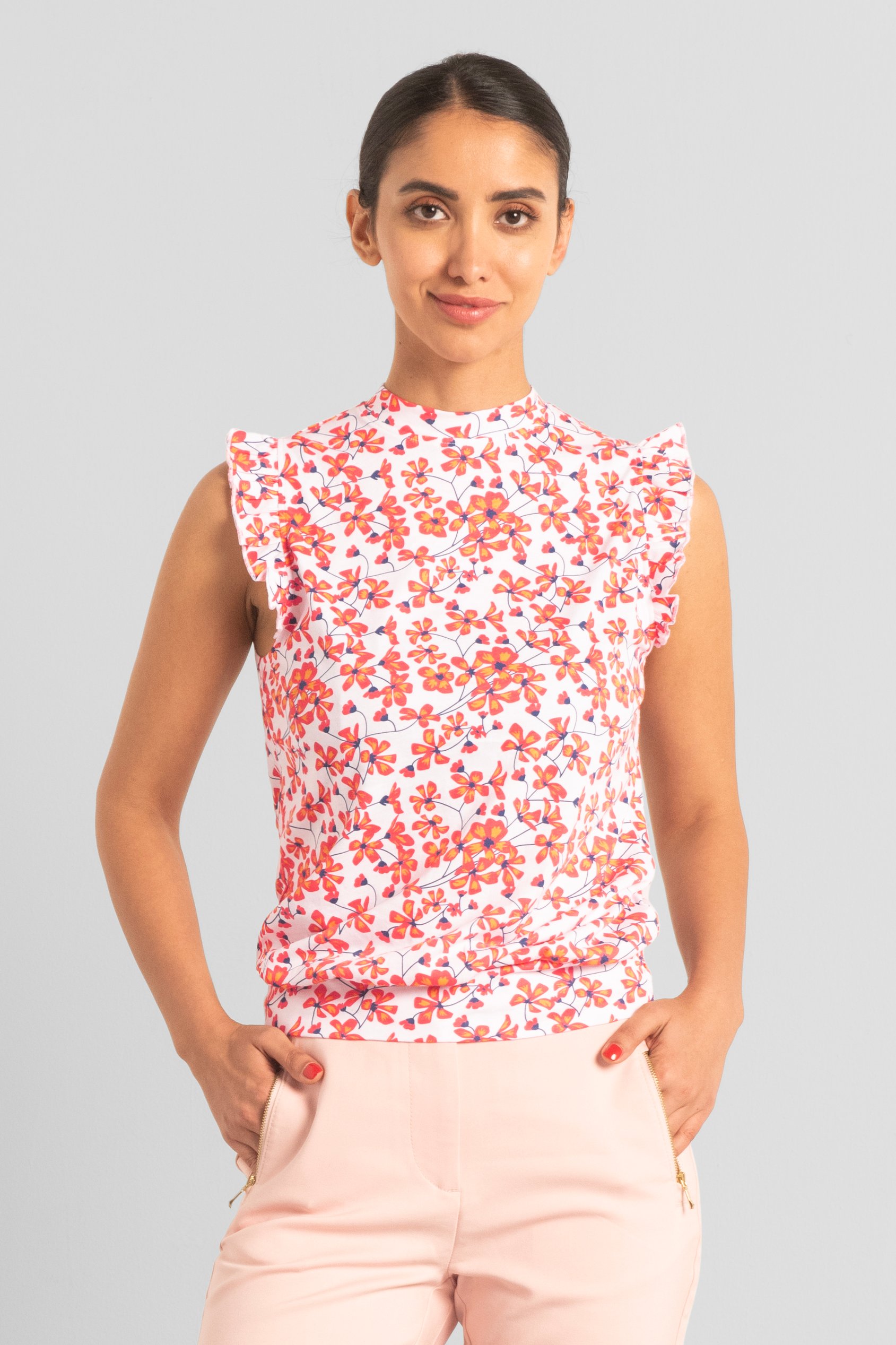Floral Printed Smocked Hem Frill Top