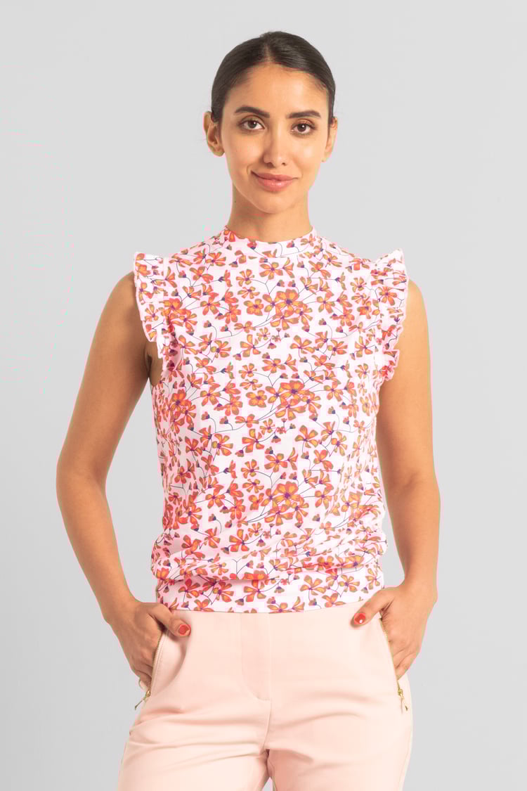 Floral Printed Smocked Hem Frill Top