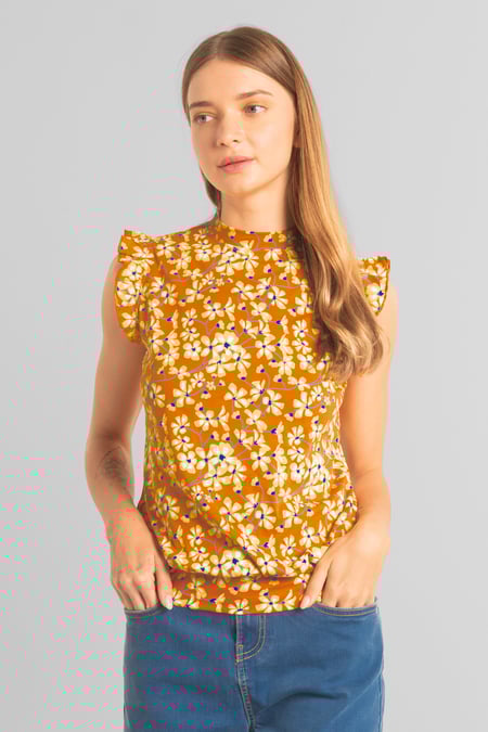 Red Floral Printed Smocked Hem Frill Top