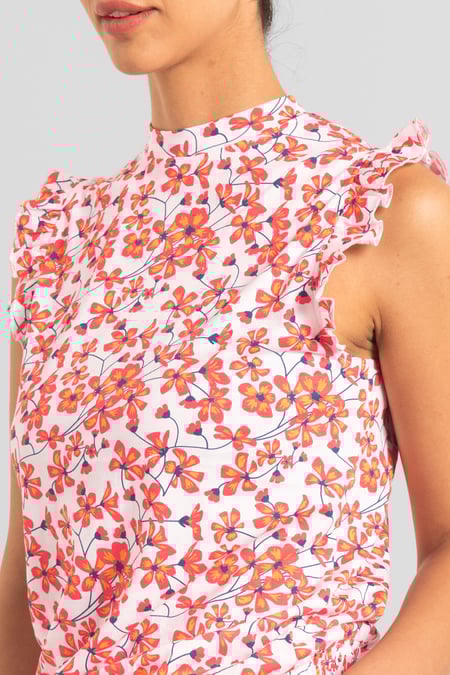 Red Floral Printed Smocked Hem Frill Top