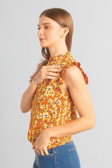 Orange Floral Printed Smocked Hem Frill Top