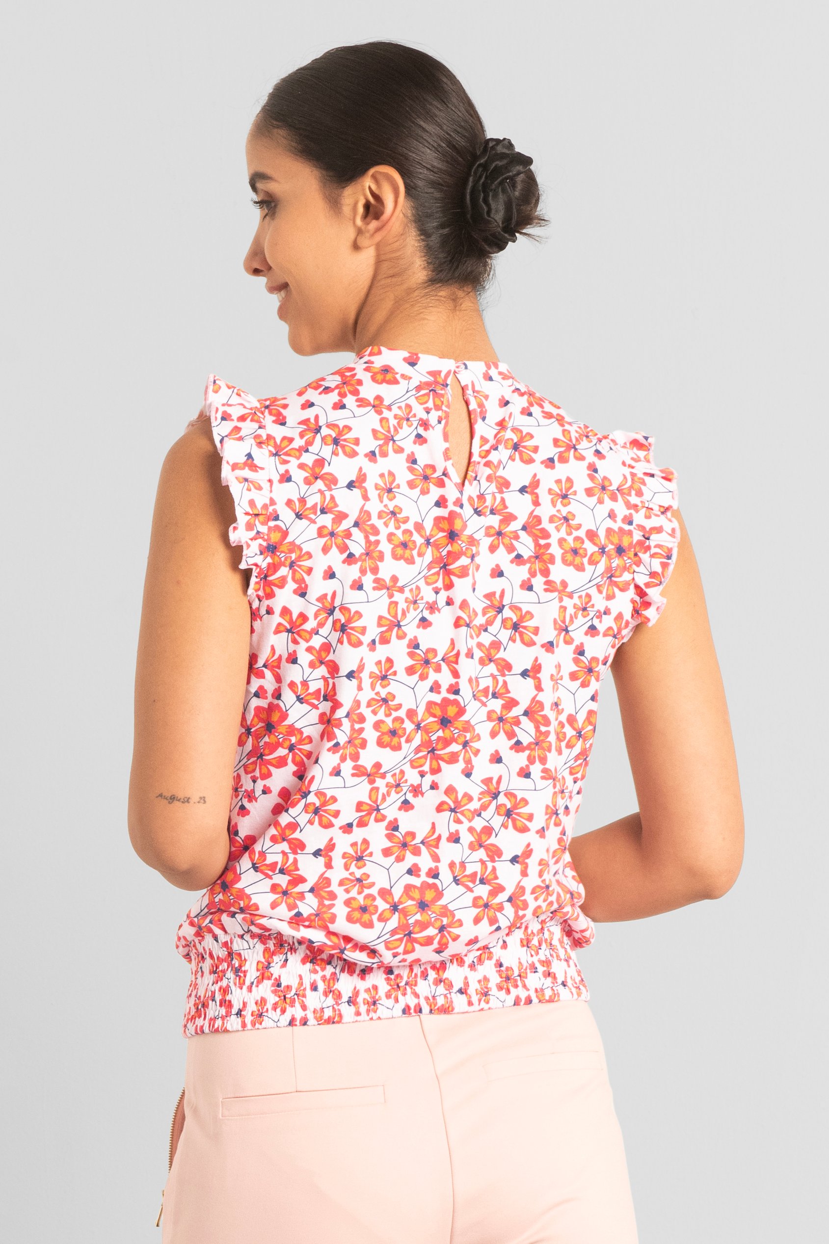 Floral Printed Smocked Hem Frill Top