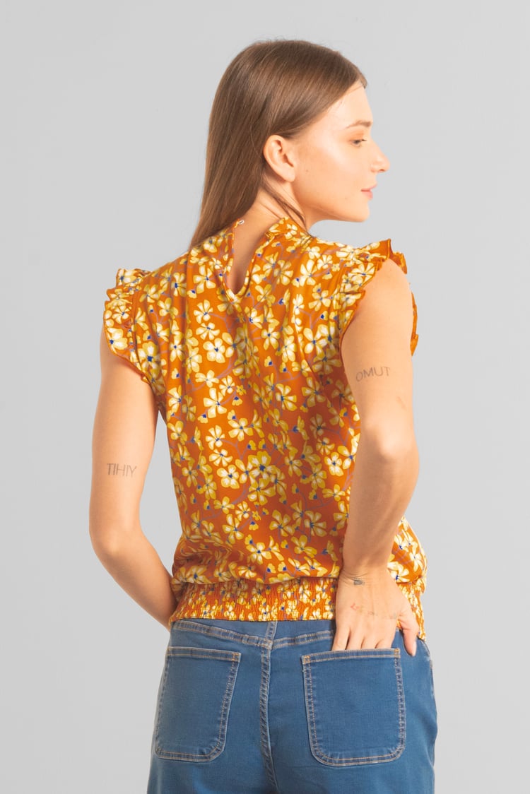 Floral Printed Smocked Hem Frill Top