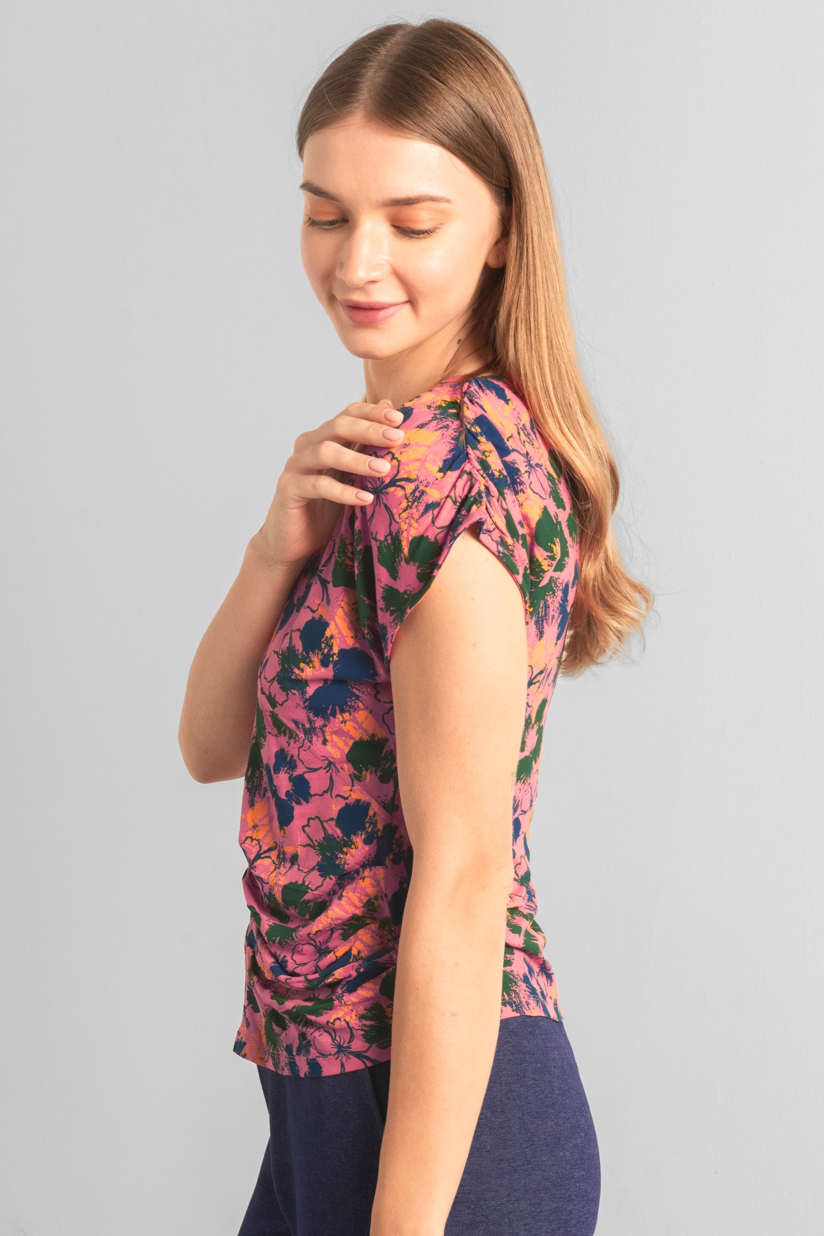 Womens Floral Print Wrap Ruffle Sleeve Top