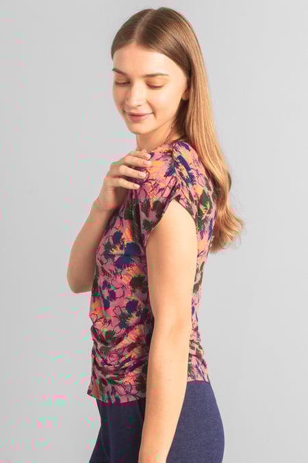 Womens Pink Floral Print Wrap Ruffle Sleeve Top