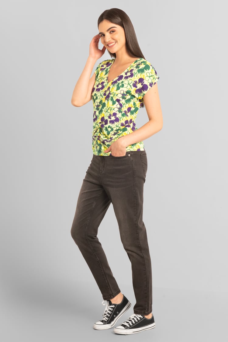 Womens Floral Print Wrap Ruffle Sleeve Top