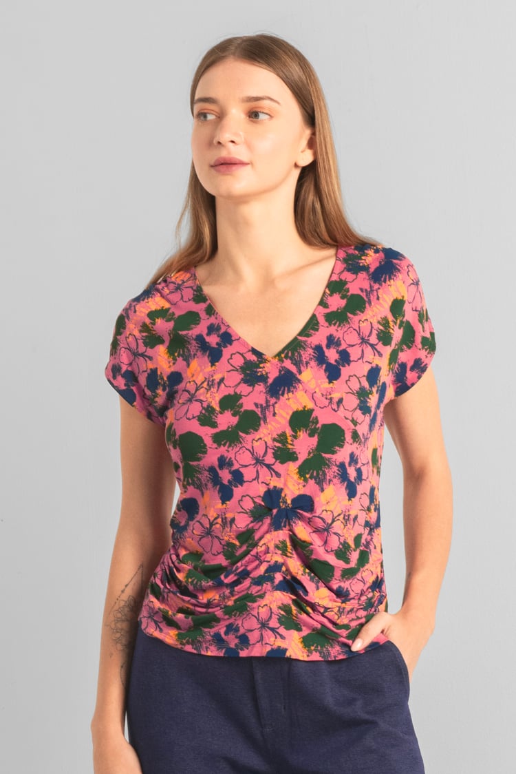Womens Floral Print Wrap Ruffle Sleeve Top