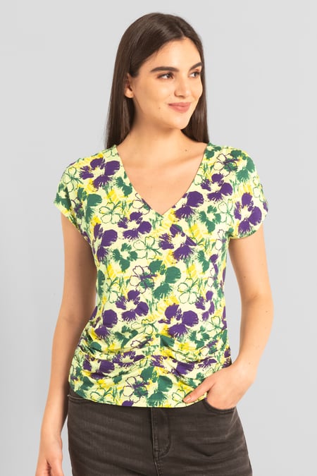 Womens Floral Print Wrap Ruffle Sleeve Top