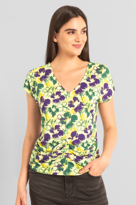 Womens Floral Print Wrap Ruffle Sleeve Top