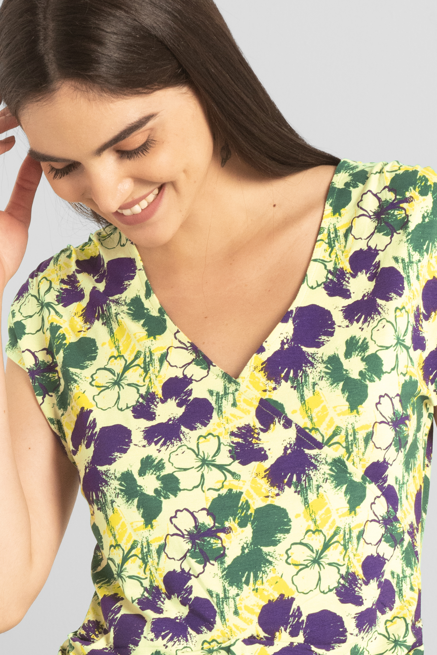 Womens Floral Print Wrap Ruffle Sleeve Top