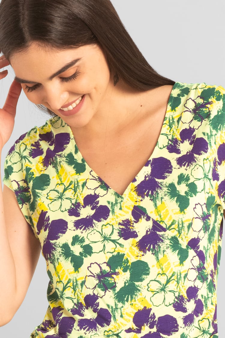 Womens Floral Print Wrap Ruffle Sleeve Top